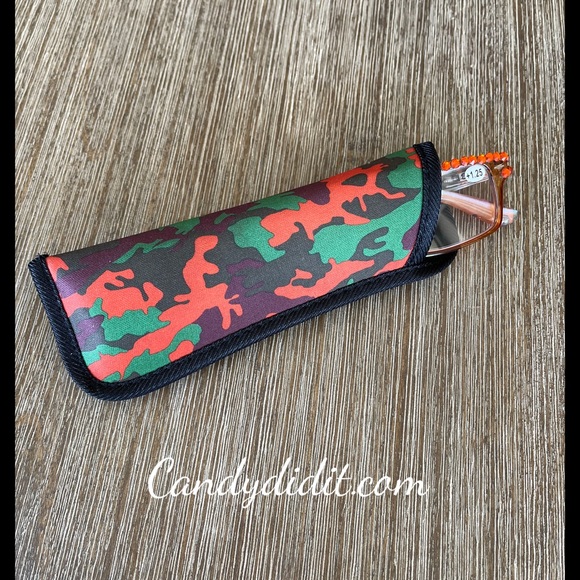 Translucent Orange Camo W/Orange Crystals Bling Reader Glasses With Case - Picture 10 of 11
